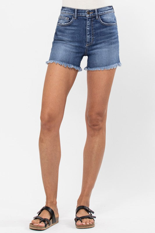 Hi-Rise Fray Hem Shorts - Medium Dark