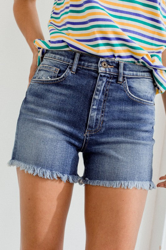 Hi-Rise Fray Hem Shorts - Medium Dark