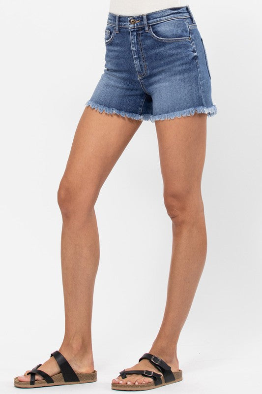Hi-Rise Fray Hem Shorts - Medium Dark