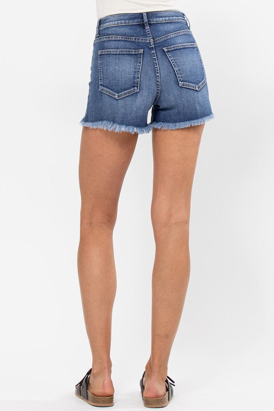 Hi-Rise Fray Hem Shorts - Medium Dark