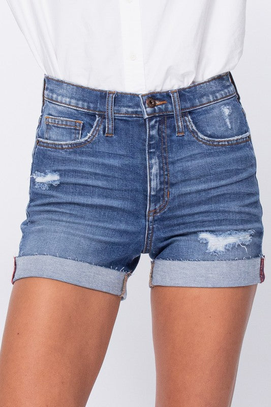 Hi-Rise Raw Cuff Shorts - Medium Dark
