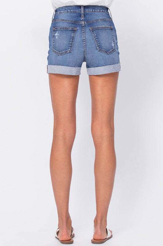 Hi-Rise Raw Cuff Shorts - Medium Dark
