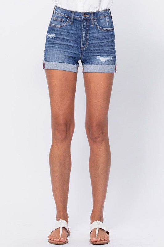 Hi-Rise Raw Cuff Shorts - Medium Dark