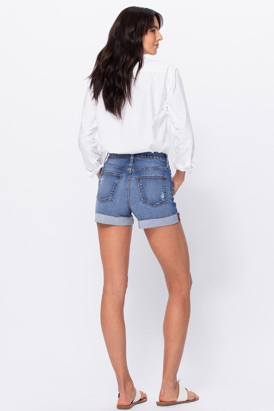 Hi-Rise Raw Cuff Shorts - Medium Dark