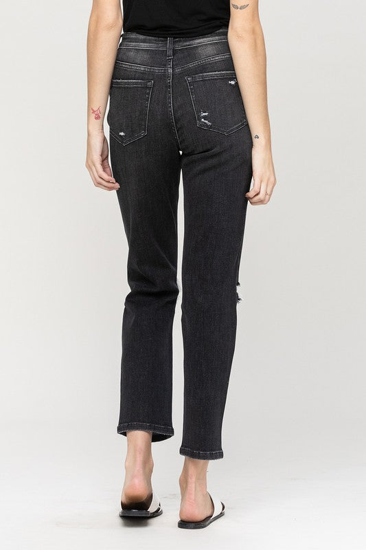 Distressed Stretch Mom Jean - Black