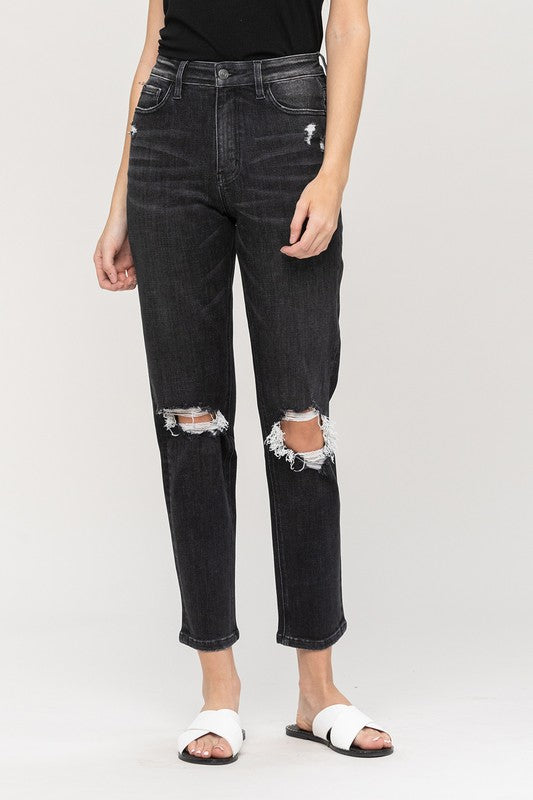 Distressed Stretch Mom Jean - Black