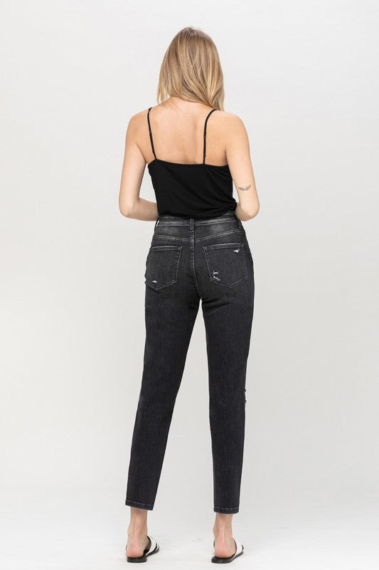 Distressed Stretch Mom Jean - Black