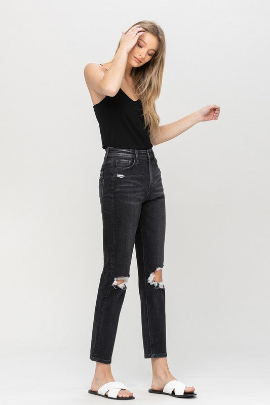 Distressed Stretch Mom Jean - Black