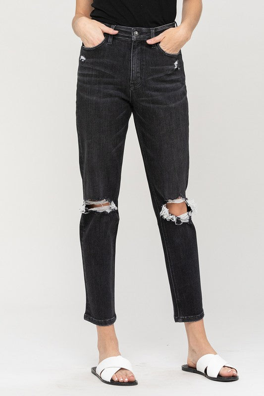 Distressed Stretch Mom Jean - Black