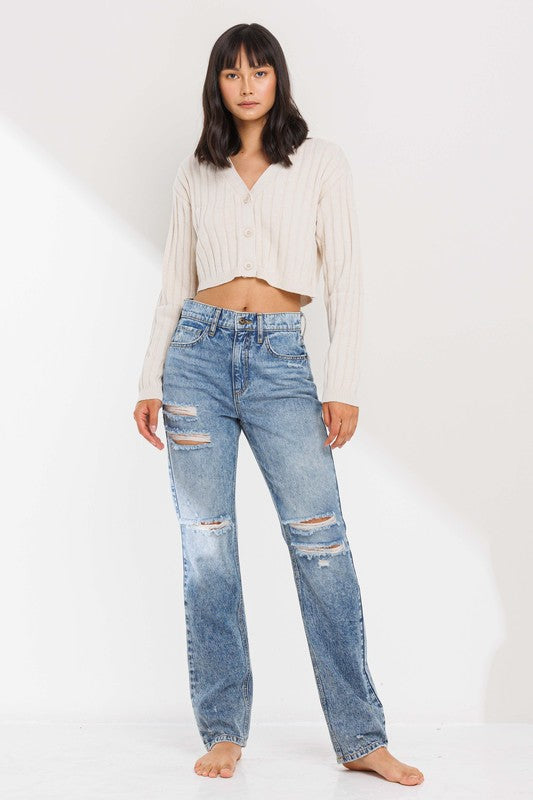 Hi-Rise Straight Distressed Denim