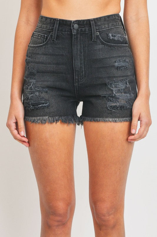 Hi-Rise Destroyed Fray Denim Shorts
